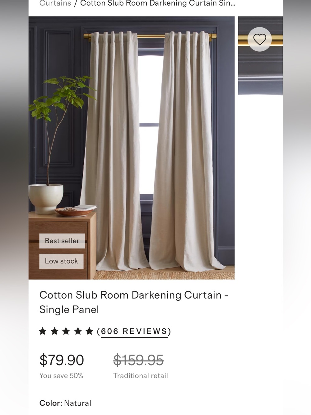 Quince Cotton Slub Room Darkening Curtain - Single Panel | 48x108 | natural